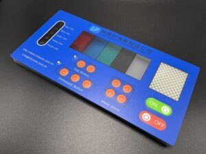 Technical diagram of a tactile membrane switch showing internal layers such as graphic overlay, metal dome, spacer, and bottom circuit layer, used to explain switch mechanics and design structure